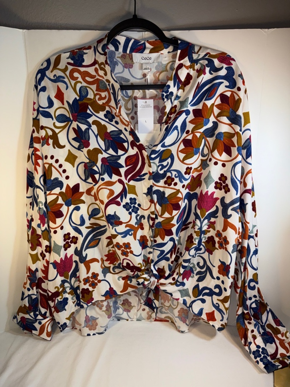 CeCe Floral Tie-Front Blouse in White, Blue, Rust, Mustard